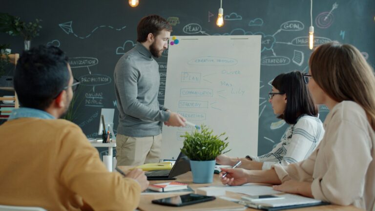 Team werkt samen aan een whiteboard met notities